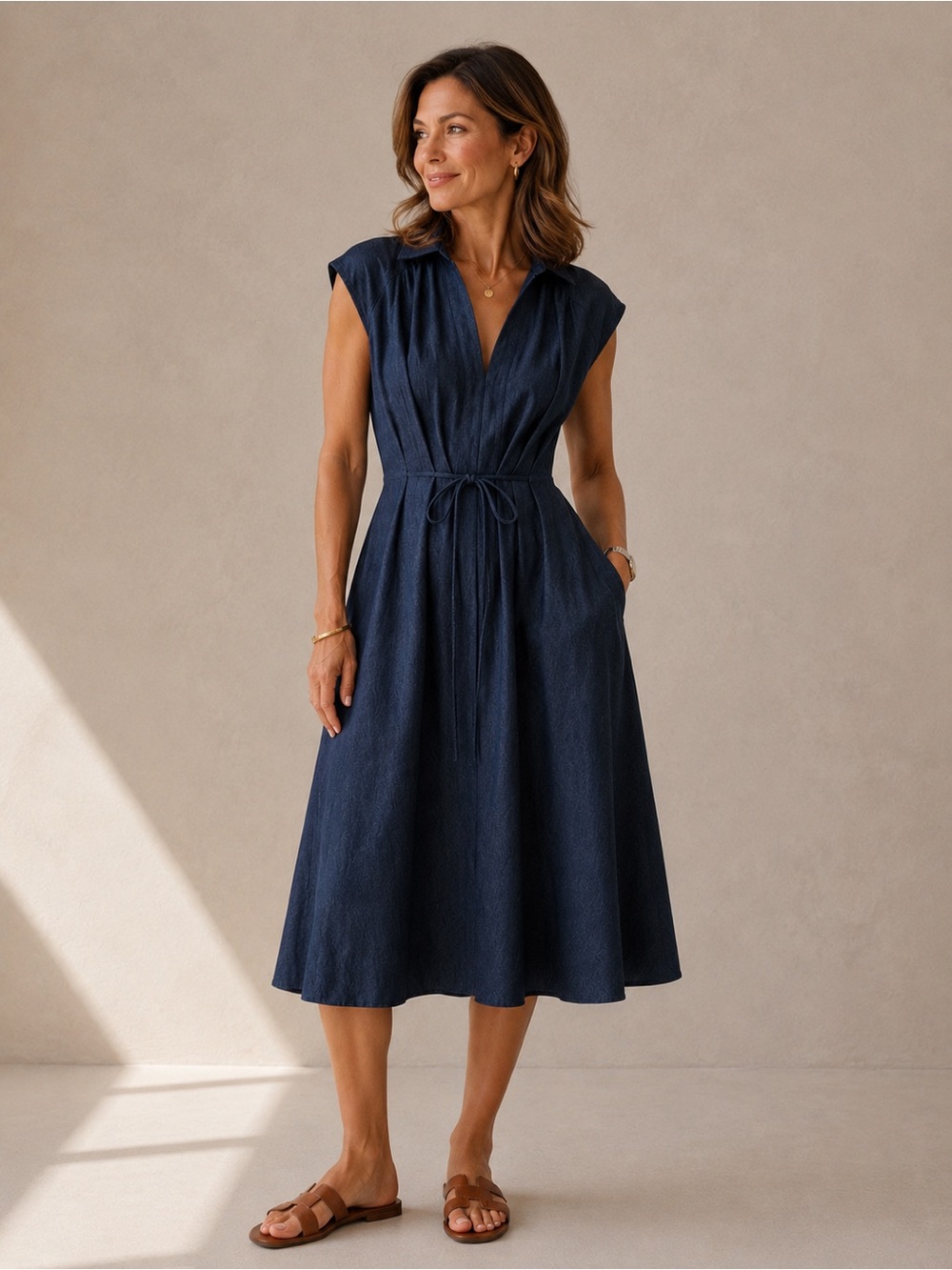 OGL viscose linen weave deep chambray  collared v neck dress M